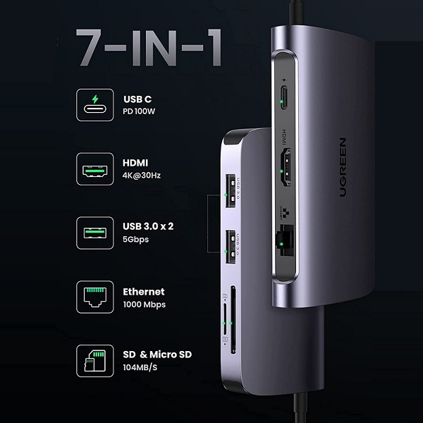 Bộ chia Hub USB type C 7 in 1 Ugreen 50852 Chính Hãng CM212 - Type C to HDMI 4K - Lan Gigabit + 2USB 3.0/Reader SD/TF hàng chính hãng