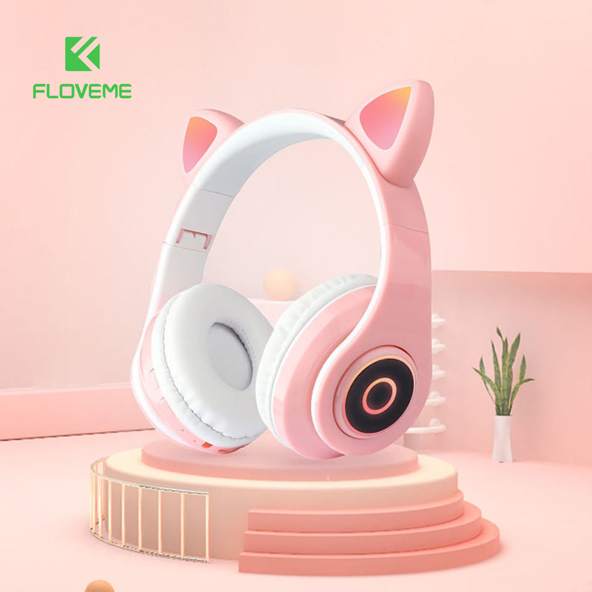 Tai Nghe Chụp Bluetooth Floveme BC3 Tai Mèo không dây Siêu Cute - Tích Hợp Đèn LED 7 Chế Độ Màu Rực Rỡ, Lọc Âm Thanh Ồn - Hàng Chính Hãng