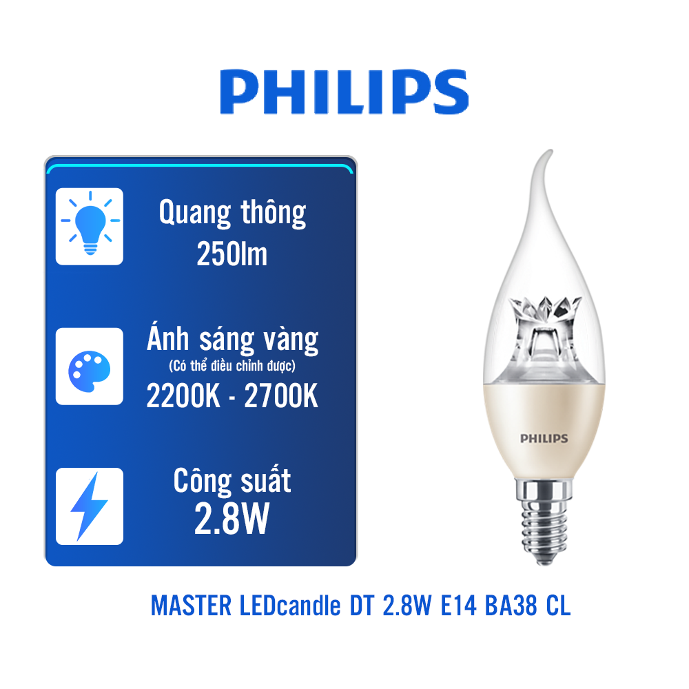 Bóng đèn LED nến PHILIPS MASTER LEDcandle DT 2.8W E14 BA38 CL