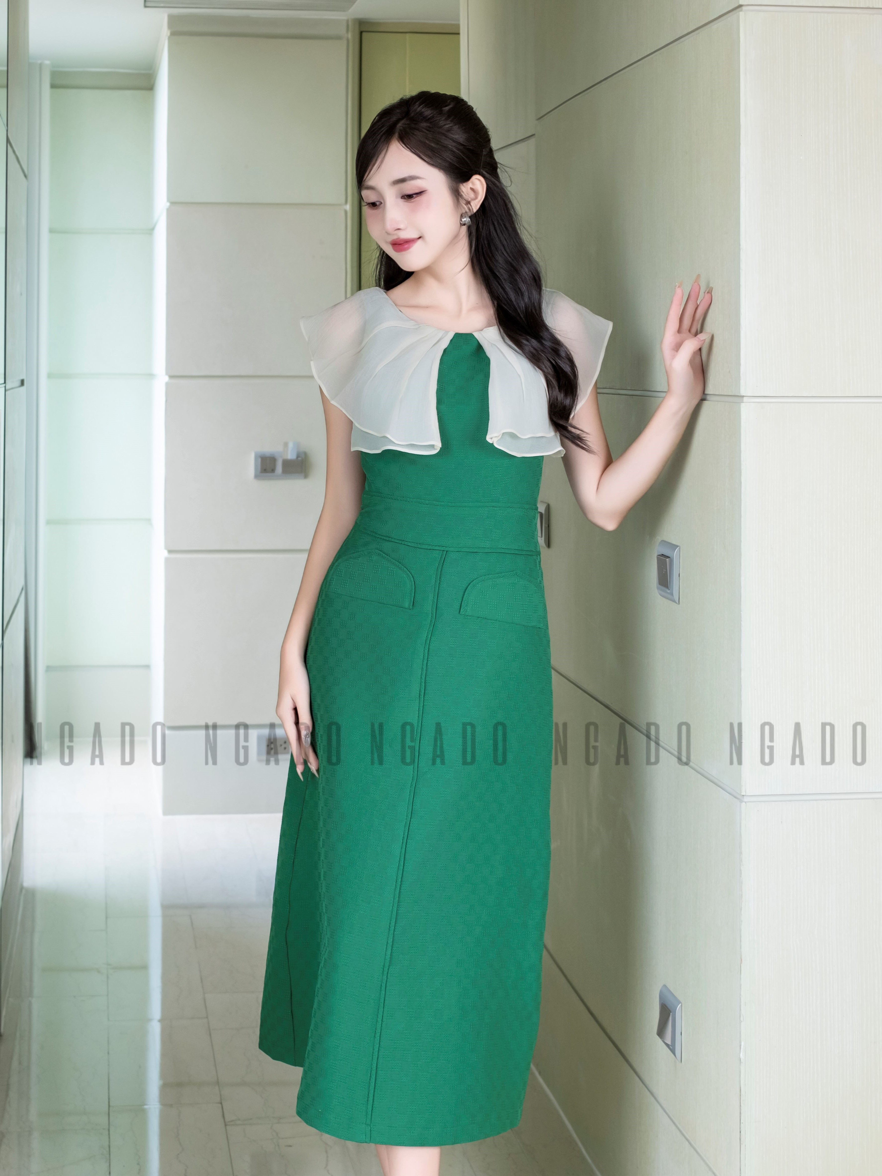 Đầm xanh phối voan kem NGADO , Đầm dự tiệc , Đầm dạo phố