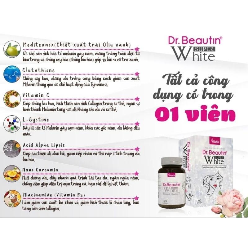 Viên uống trăng da, giảm thâm nám DR. BEAUTIN SUPER WHITE - Hộp 30 viên. Chống lão hóa da, mờ nám, giảm thâm, trắng da