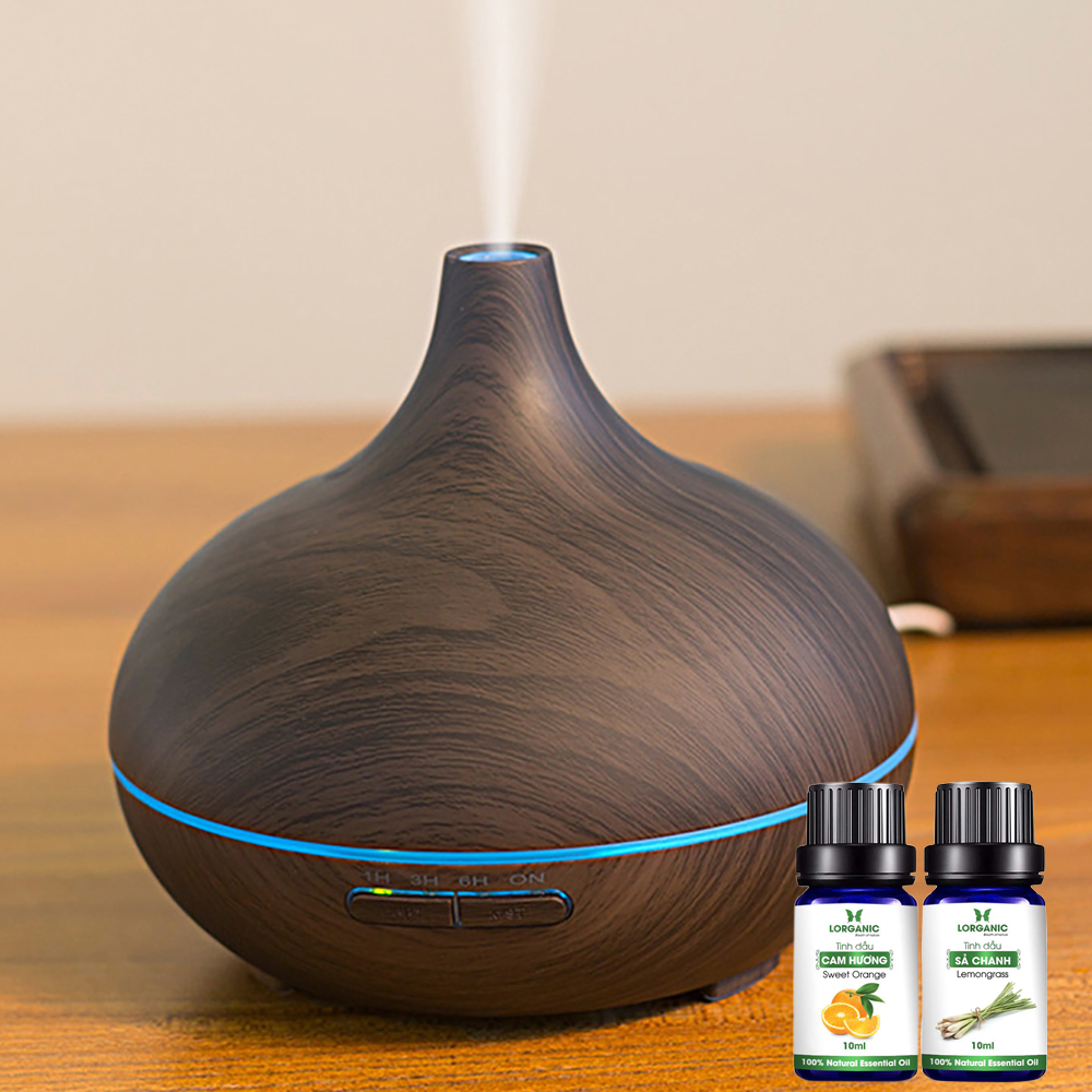 Máy khuếch tán tinh dầu giọt nước lớn gỗ nâu Lorganic FX2023 + tinh dầu sả chanh + tinh dầu cam Lorganic / Phun sương sóng siêu âm.