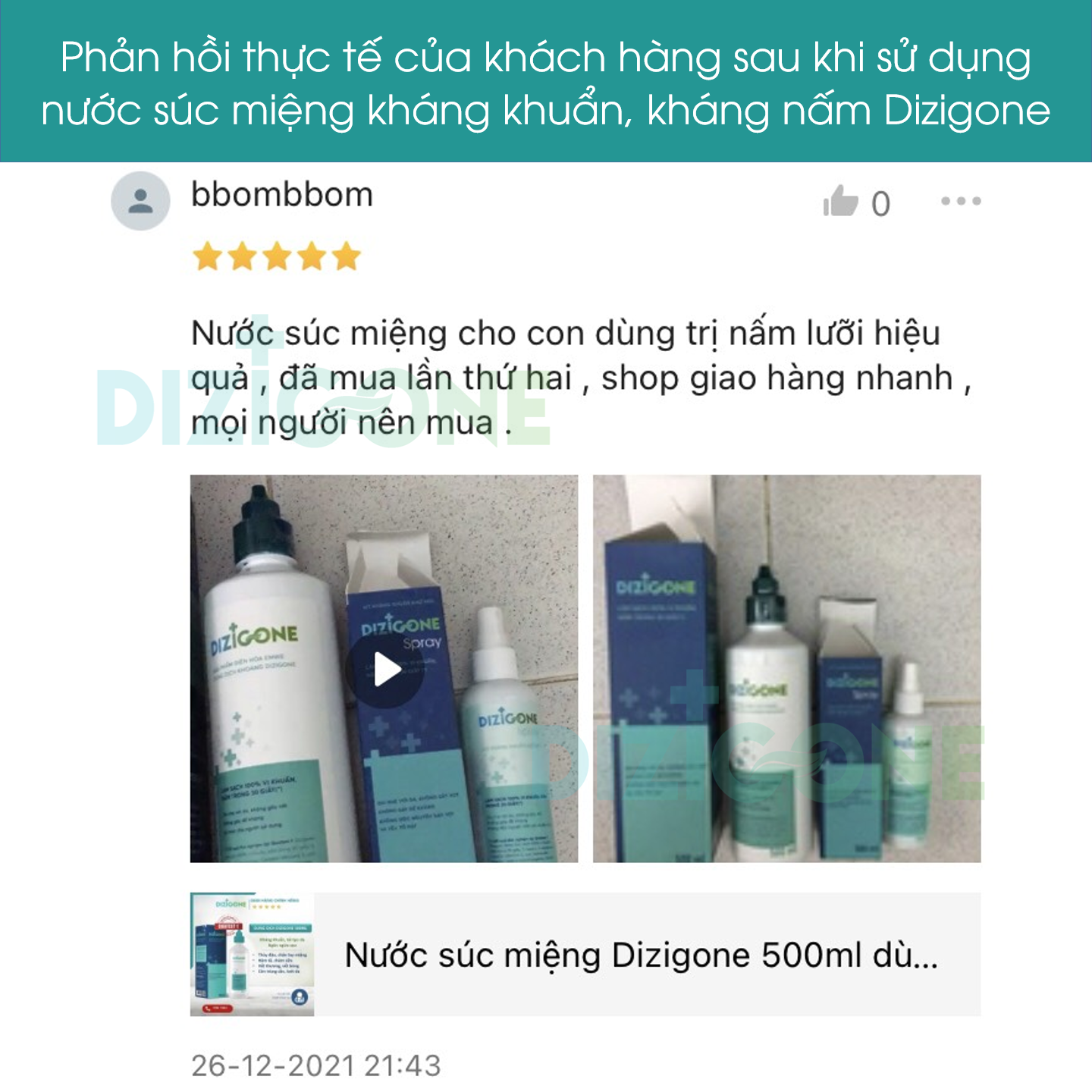 Nước súc miệng DIZIGONE xử lý nấm miệng, loét miệng, nhiệt miệng, hôi miệng dung tích 500ml