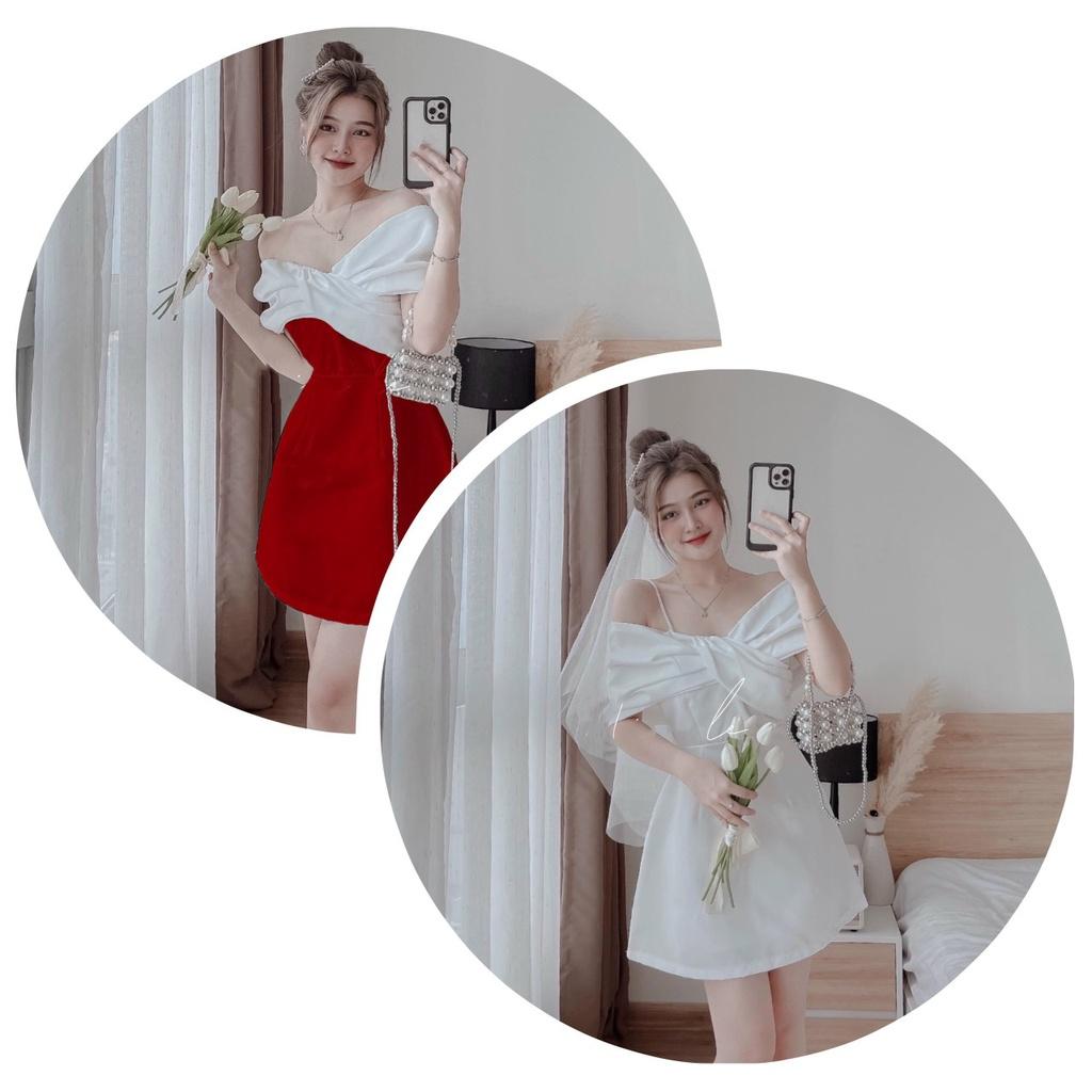 Đầm đỏ 2 dây trễ vai xoắn nơ ngực váy cưới cô dâu mẫu nina lê dự tiệc