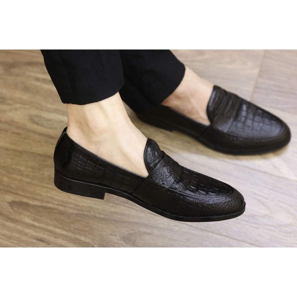 Giày lười da nam - Giày da nam công sở dập vân cá sấu - Đế cao su non cao 3cm, Mã x091, Hàng Việt