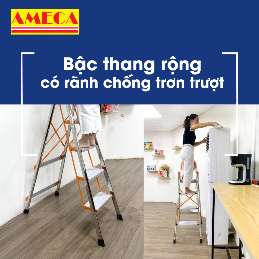 Hình ảnh Thang Ghế Chữ A Gấp Gọn 3 bậc Ameca - Thang gia đình, thang thắp hương - Chiều cao 75cm - AMG-3IN