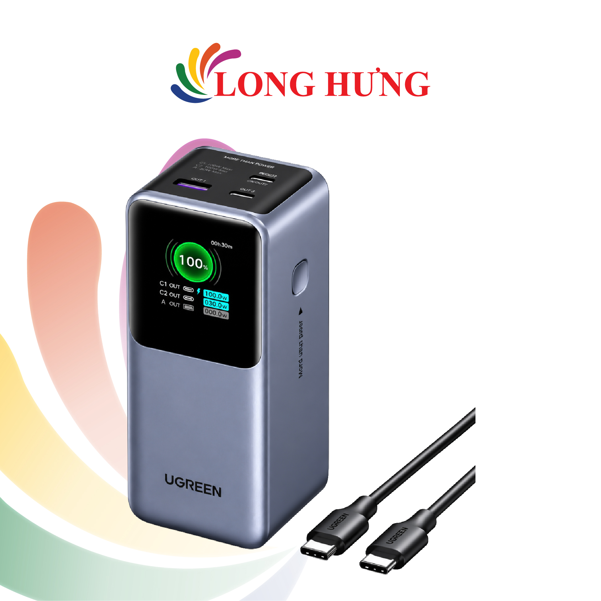 Sạc dự phòng Ugreen Nexode Power Bank Built-In Cable 1USB 2Type-C 130W 20000mAh PB721 35524B - Hàng chính hãng