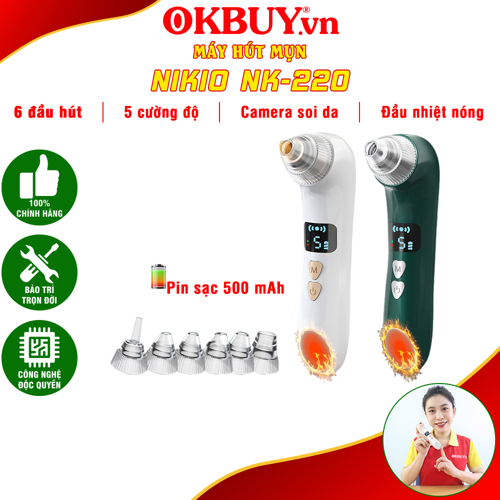 Máy Hút Mụn Cầm Tay Nikio NK-220 - Camera Hỗ Trợ Soi Da - Có 6 Đầu Hút Cải Tiến Mới, Hút Sạch Mọi Loại Mụn - Pin Sạc Tiện Lợi