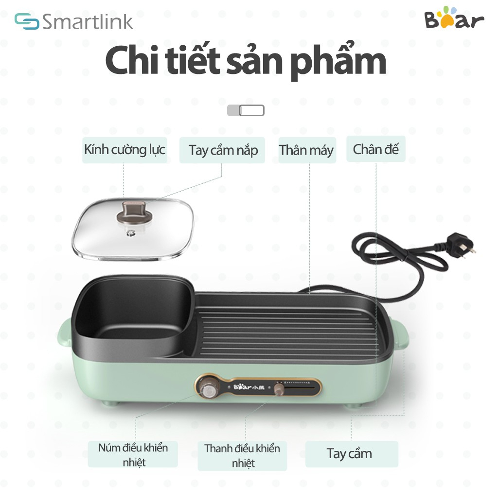 Bếp lẩu nướng điện 2 ngăn Bear DKL-C15G1 - Dung tích 3L, chống dính, dễ vệ sinh, thanh gạt điều chỉnh nhiệt độ - HÀNG CHÍNH HÃNG