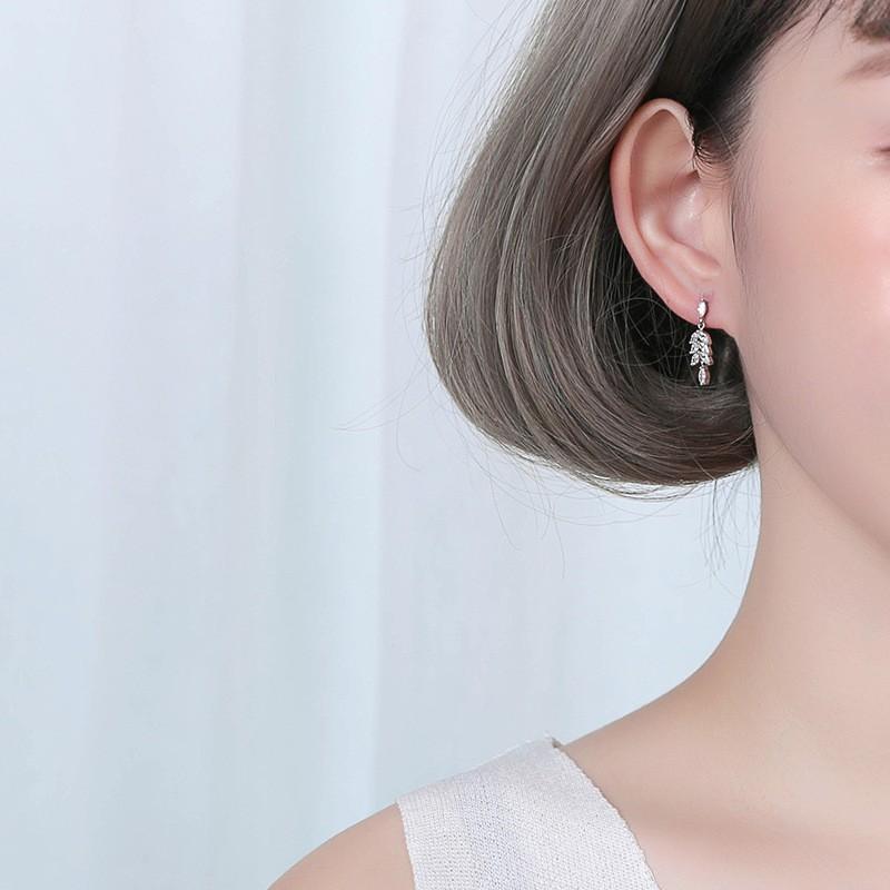 Khuyên tai bạc Ý s925 thả lá đá E9353 - AROCH Jewelry