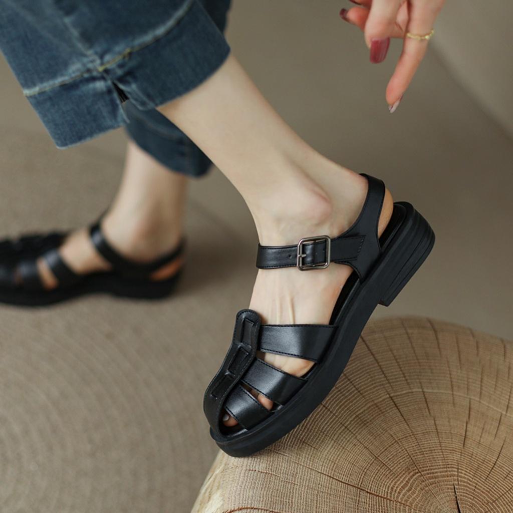 Giày Sandal Mũi Tròn Khoét Lỗ Phối Khóa Đơn Giản Thời Trang Mới( rọ đúc), dép quai hậu lolita hottrend