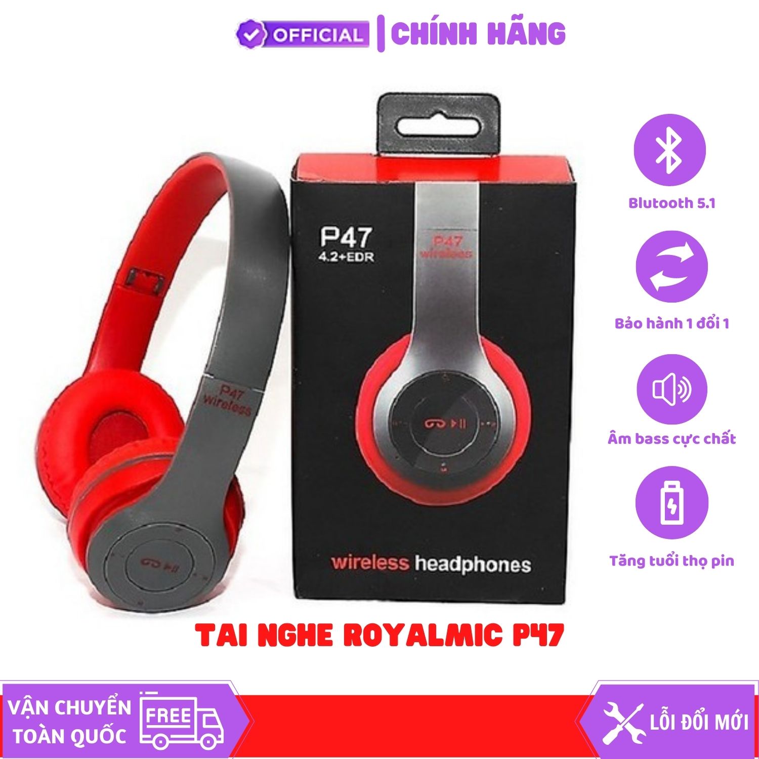 Tai Nghe Không Dây ROYALMIC P47, Tai Nghe Bluetooth Chơi Game Âm Thanh Nổi Gấp Gọn Có Hỗ Trợ Micro Thẻ TF Cho Điện Thoại Di Động IPad - Hàng chính hãng