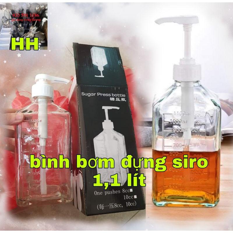 Bình bơm đựng siro, đường nước thủy tinh 1,1 lít, chuyên dụng cụ pha chế bartender