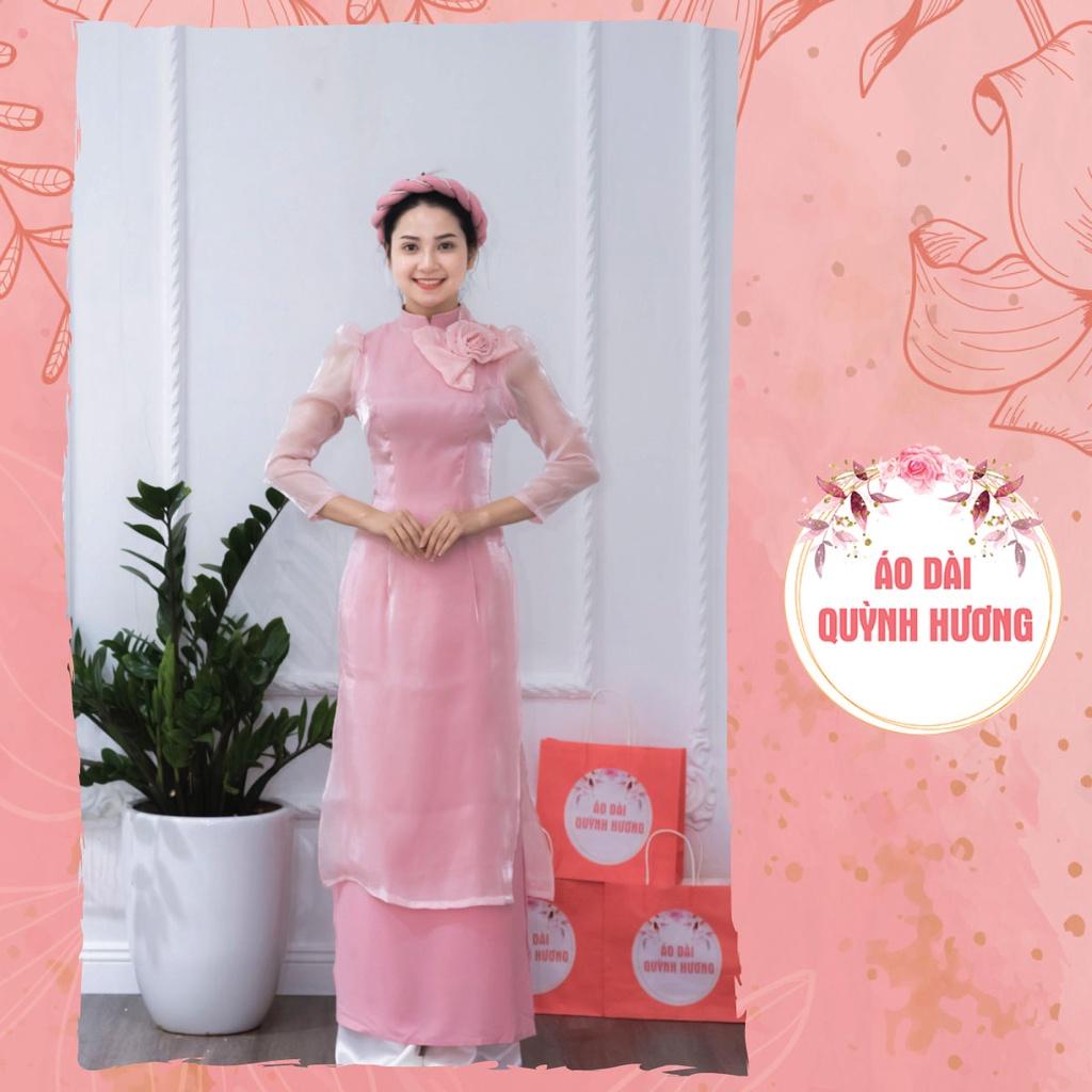 Áo dài voan tơ đính nơ, hoa size lớn XL, 2XL, 3XL đặt may