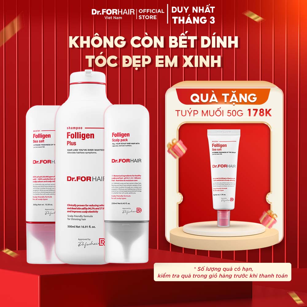 Bộ gội xả mini giúp sạch gàu giảm rụng và suôn mượt tóc Dr.FORHAIR Folligen Plus 100ml x Scalp Pack 50ml x Sea Salt Scaler 50g