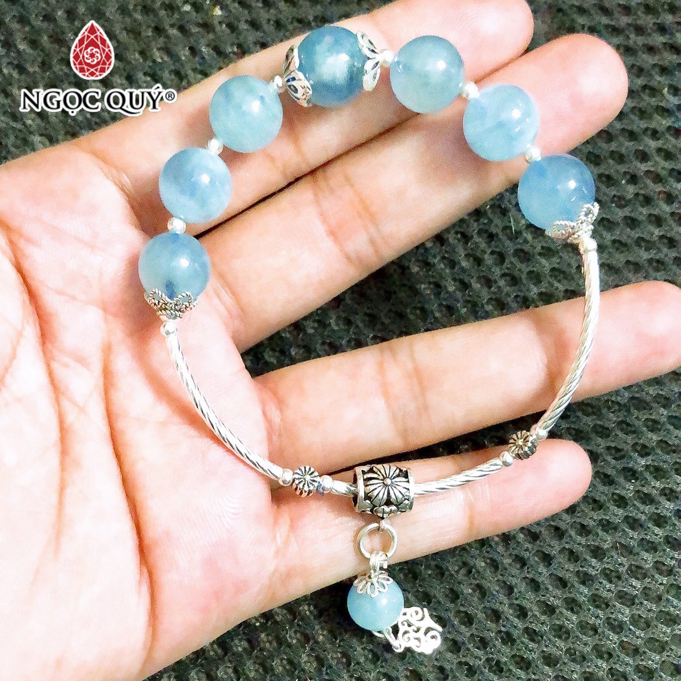 Vòng tay đá Aquamarine phối cây trí tuệ mệnh thủy, mộc - Ngọc Quý Gemstones