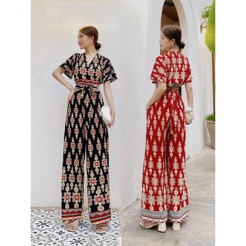 S85   Sét áo croptop đắp chéo và quần ống rộng hoạ tiết thổ cẩm