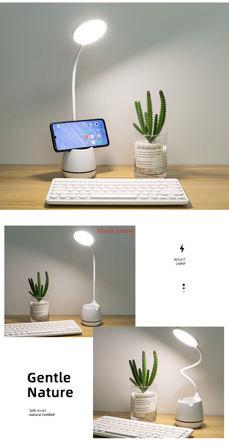 Đèn led để bàn học sạc usb có kệ đựng bút hoặc điện thoại hình tròn - Chính hãng