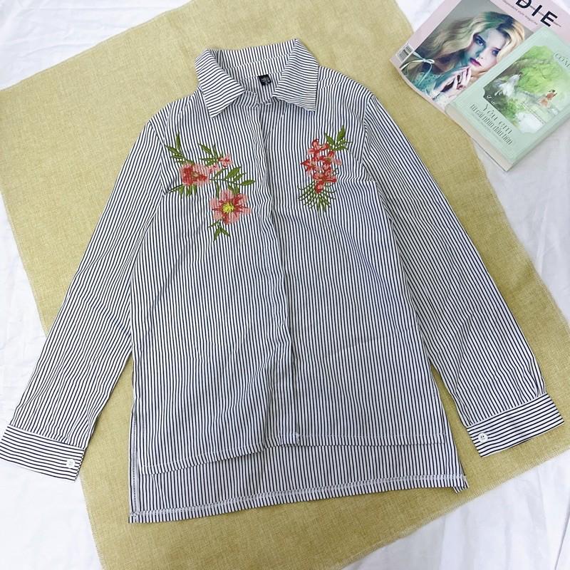 Áo sơmi sọc thêu hoa thanh lịch
