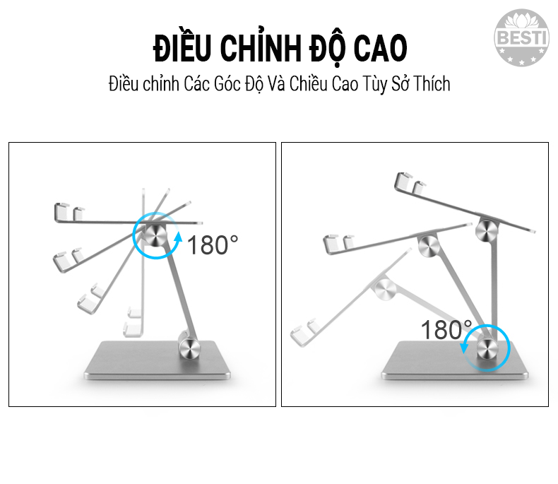 Giá Đỡ Để Bàn Điện Thoại Di Động, Máy Tính Bảng, Ipad Hợp Kim Nhôm Cao Cấp BESTI BTY01 Hai Trục Xoay 180 Độ Có Thể Điều Chỉnh Góc Độ - Trục Kép- Gấp Lại Tiện Lợi- Hàng Chính Hãng