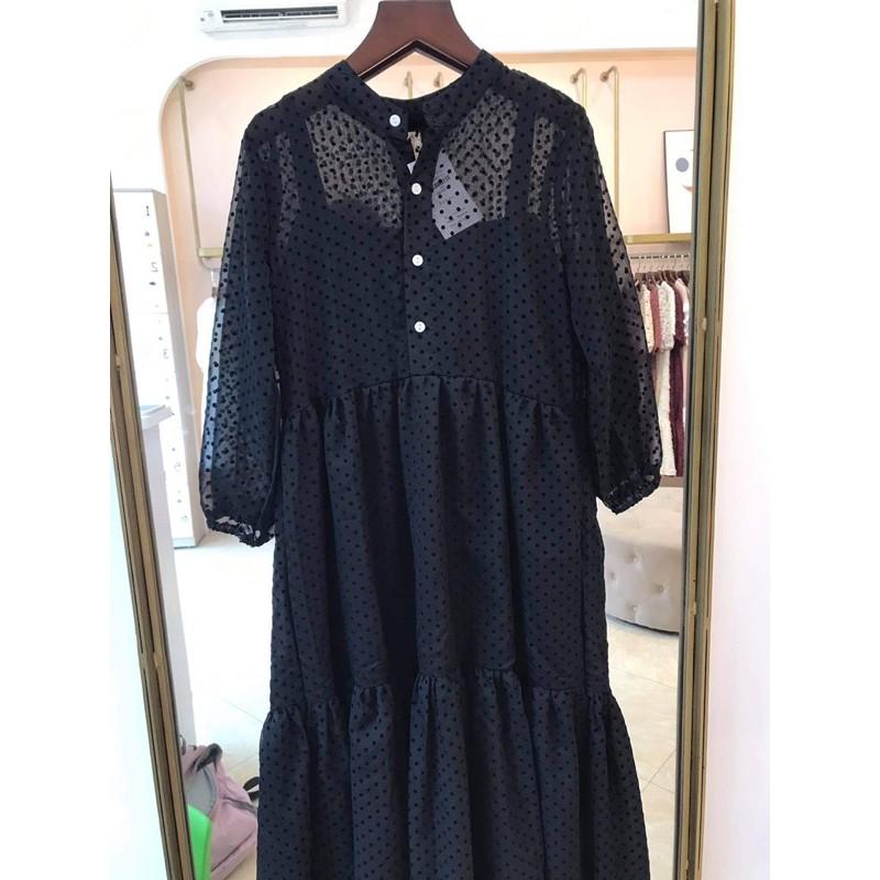 Váy suông dài cài cúc, vải voan chấm bi, đầm xuông freesize dáng babydoll tầng, tay dài bo chun mã V199 - Michi's House