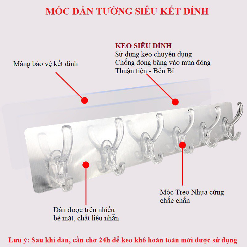 Vỉ Treo 6 Móc Liền Mạch Dán Tường Chịu Lực 10kg Siêu Dính Không Cần Khoan Tường