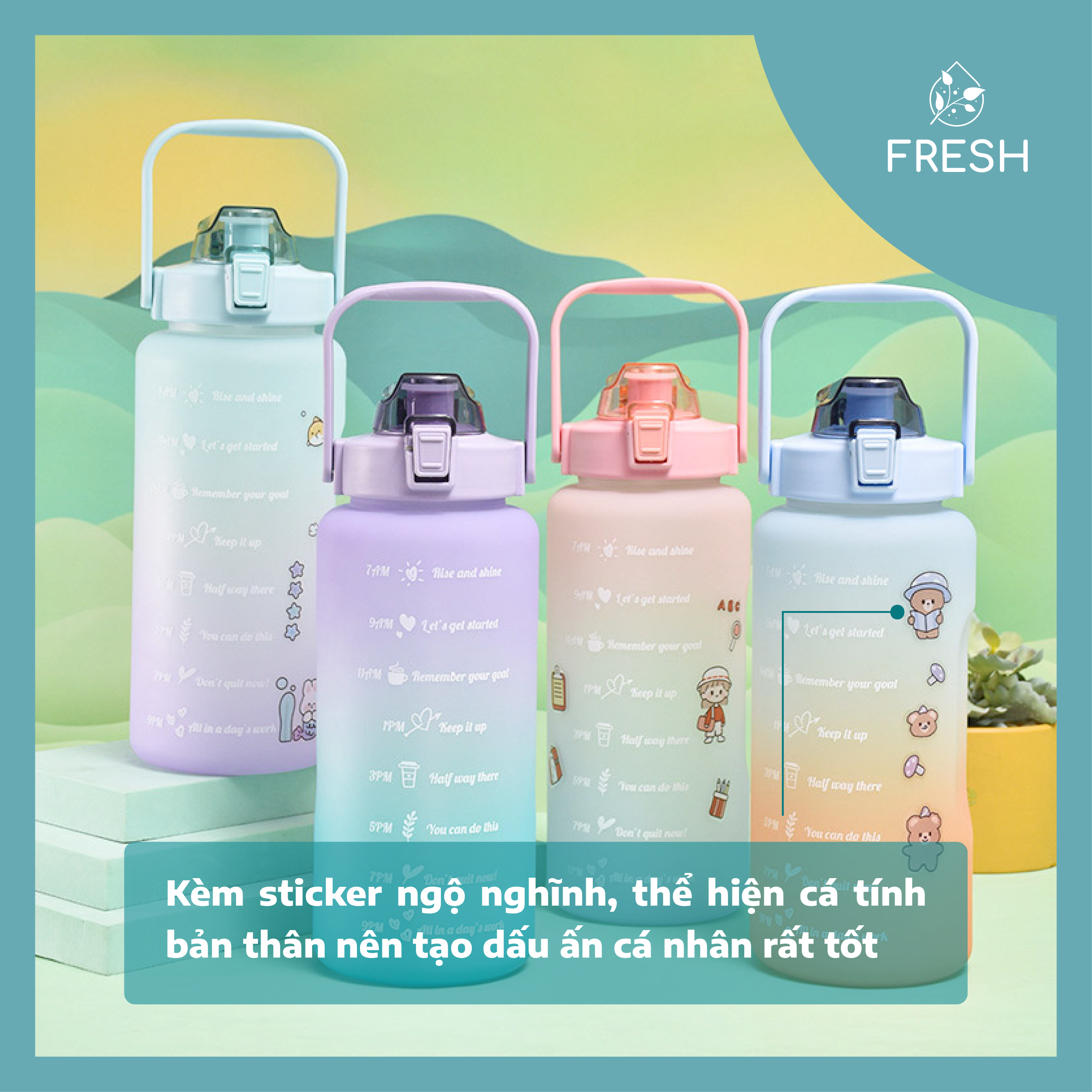 Bình Nước 2 Lít Chia Vạch Nhắc Nhở Giờ Uống Nước Mỗi Ngày TẶNG Kèm Sticker - FRESH