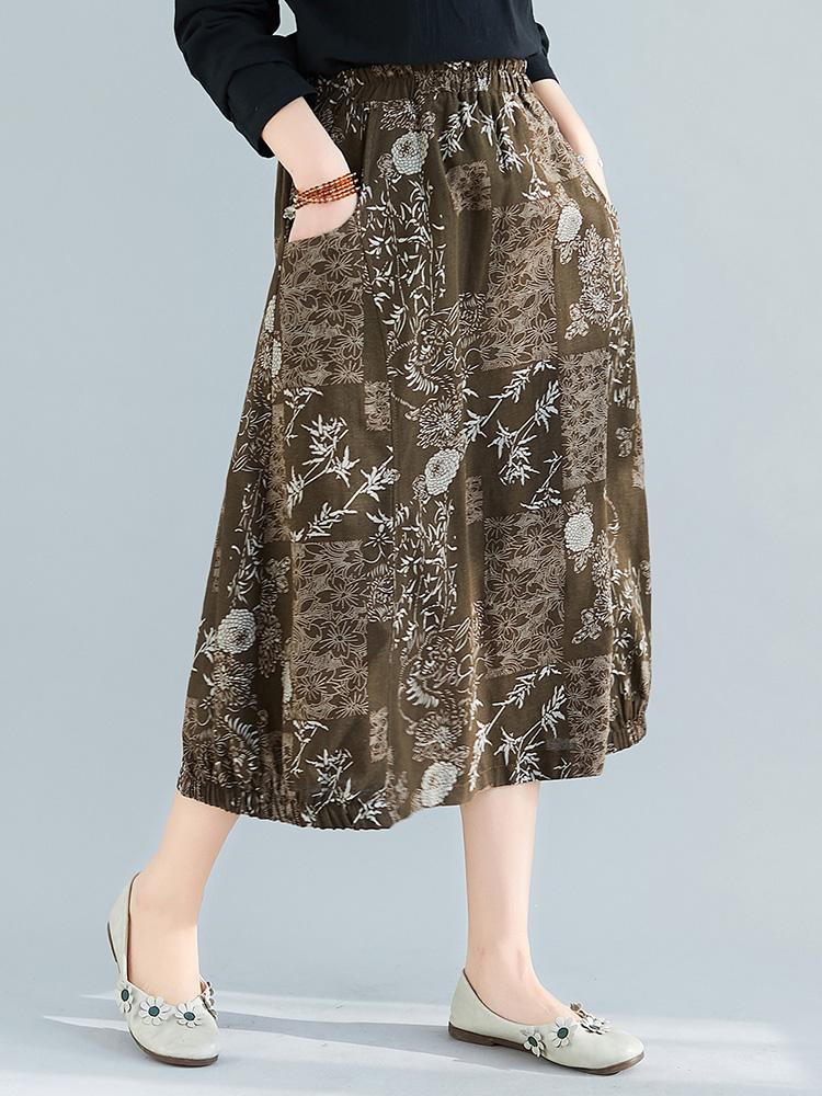 Women Vintage Skirt Linen Fabric Elastic Waist Pockets Loose Fit Midi Skirt Plus Size Casual Dress