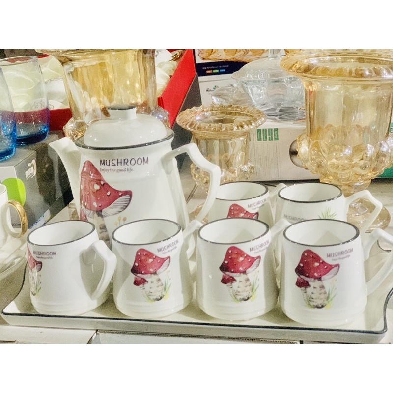 Bộ ấm chén kèm khay hình nấm phong cách Hàn Quốc