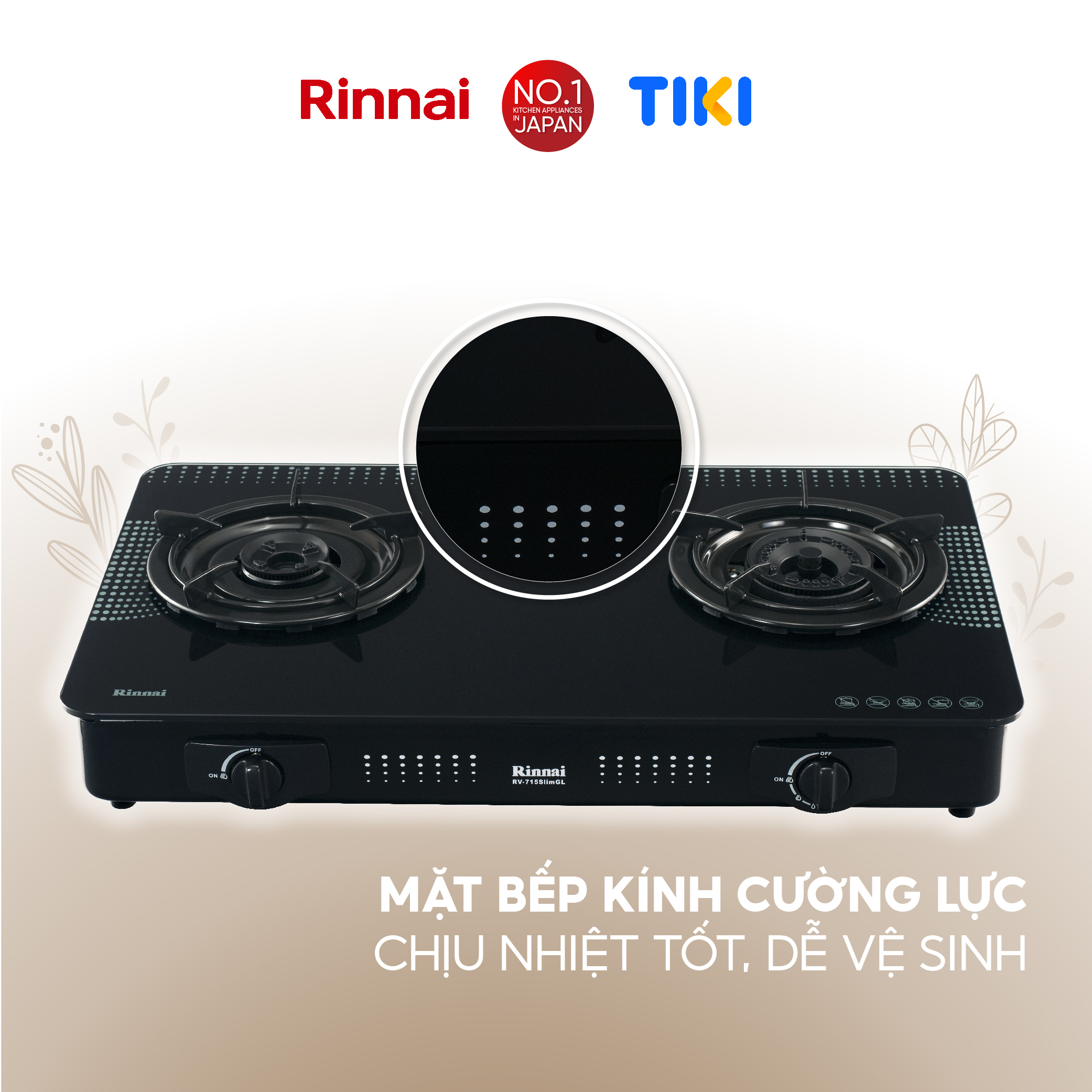 Bếp gas dương Rinnai RV-715Slim(GL-D) mặt bếp kính và kiềng bếp men - Hàng chính hãng.