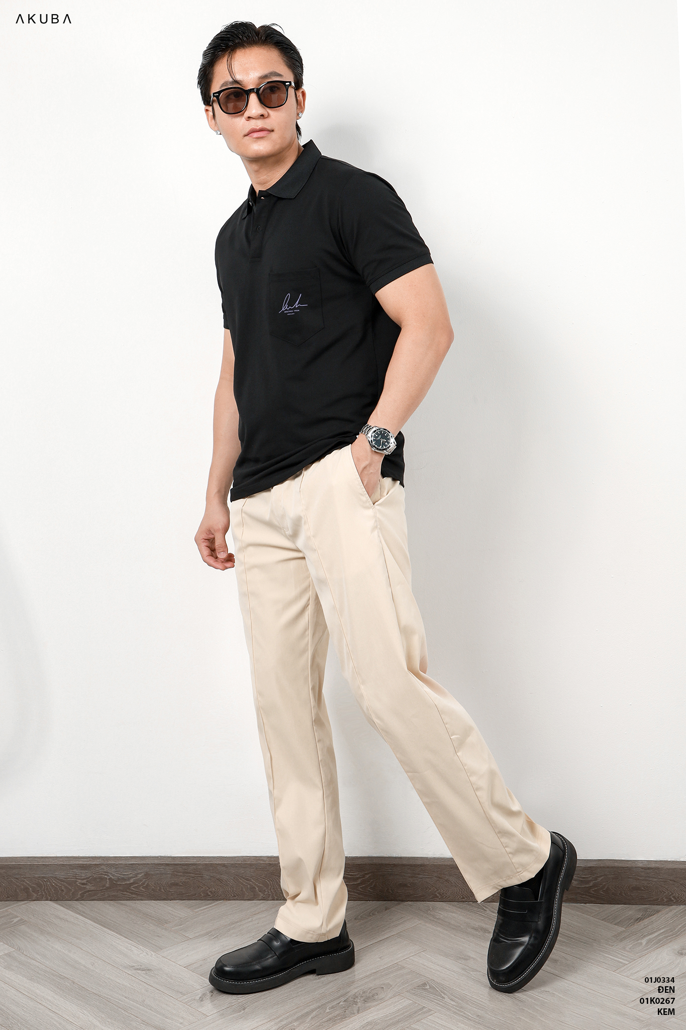 Áo thun Polo nam in chữ cổ bẻ AKUBA form slimfit | 01J0334