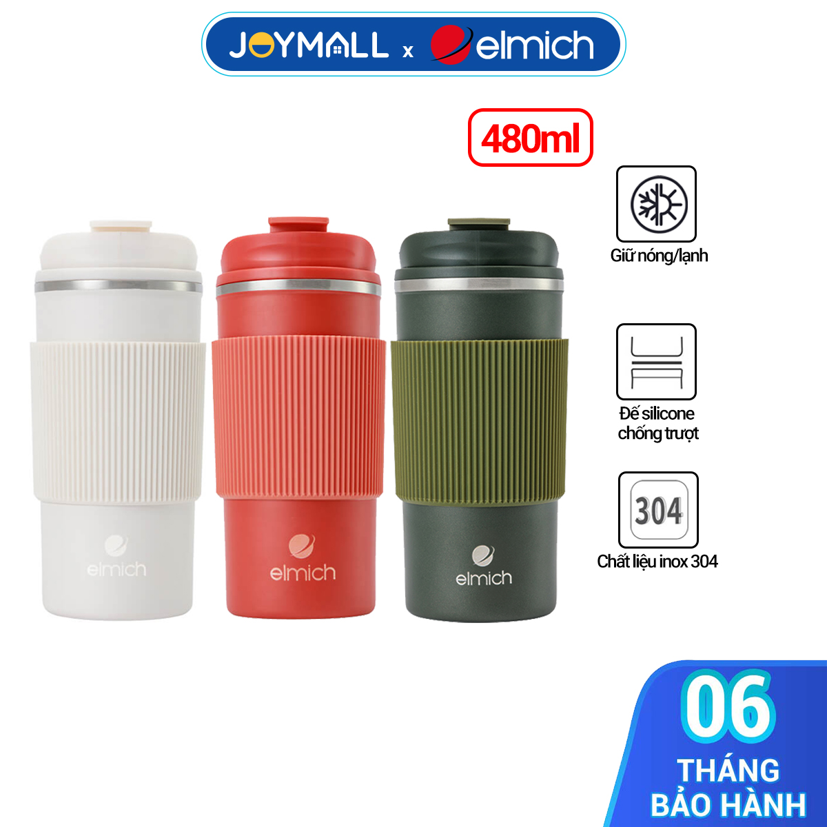 Ly giữ nhiệt inox 304 Elmich EL8345 480ml, Hàng chính hãng, lớp silicone chống trượt - JoyMall