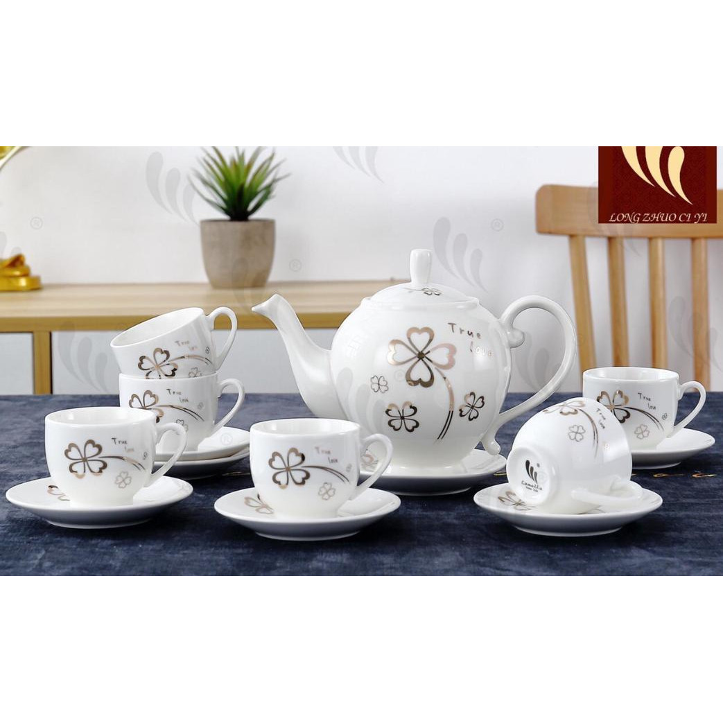 Bộ ấm chén 6 cốc kèm 7 đĩa sứ trắng pha trà họa tiết hoa bạc sang trọng - ANTH21