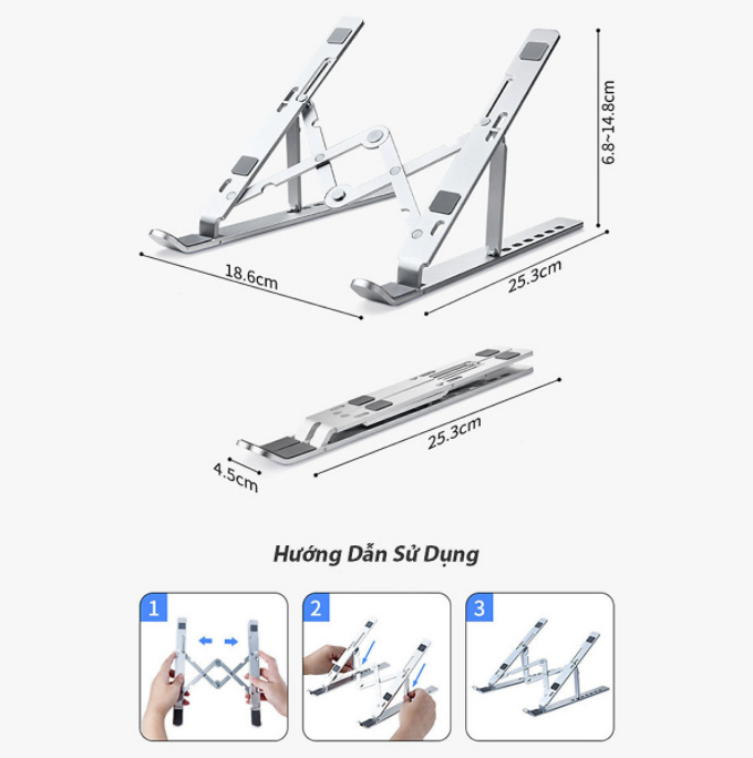 Giá Đỡ Laptop Nhôm , Laptop Stand Gấp Gọn Dùng Cho Máy Từ 11~17 inch, Chất Liệu Hợp Kim Nhôm Cao Cấp , Hàng Chính Hãng