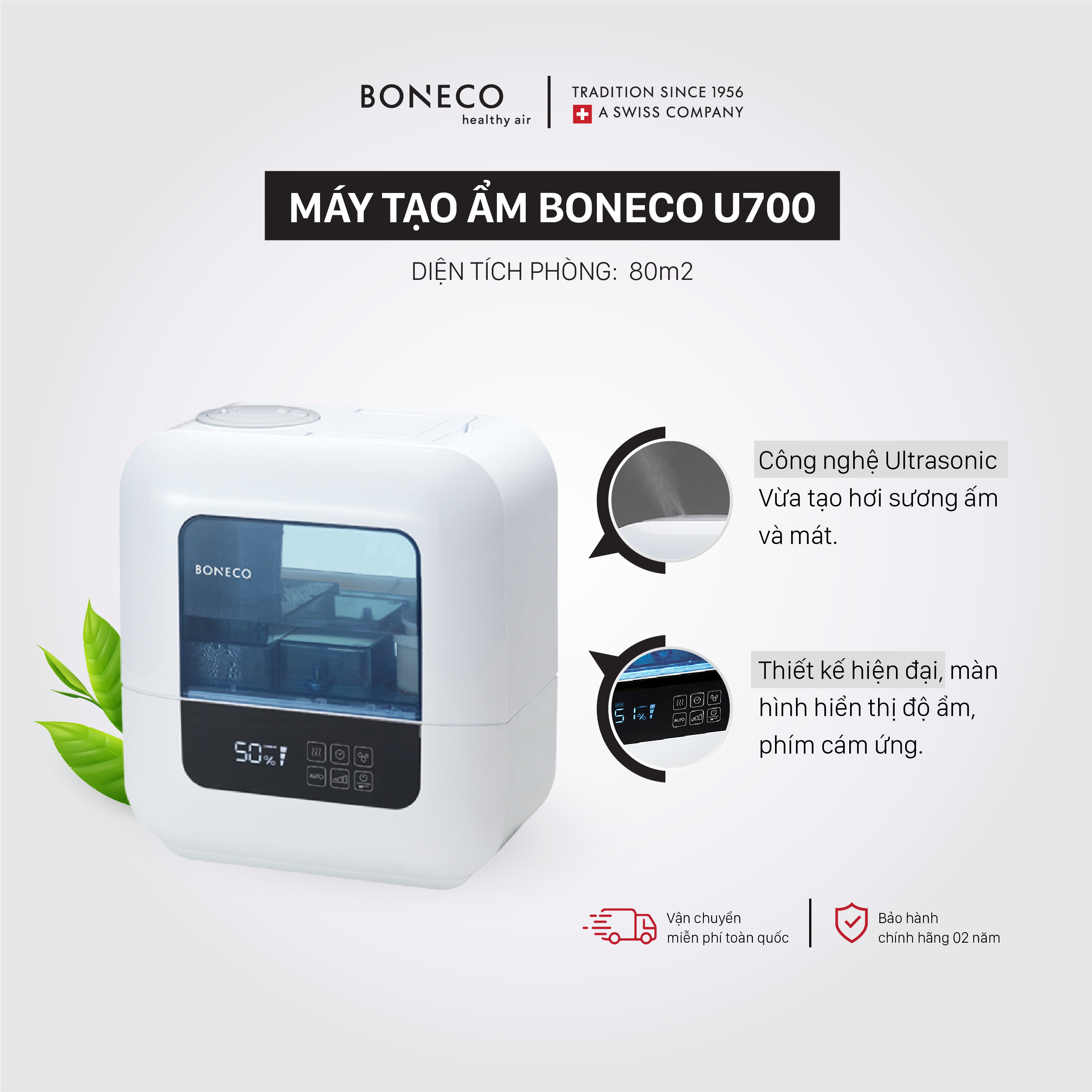 Máy Phun Sương Tạo Ẩm BONECO U700 Sương Nano, Làm Mát, Tạo Độ Ẩm Phòng Điều Hoà, Khuếch Tán Xông Tinh Dầu Thơm, Bộ Lọc Nước Kháng Khuẩn (80m2) - Hàng Chính Hãng