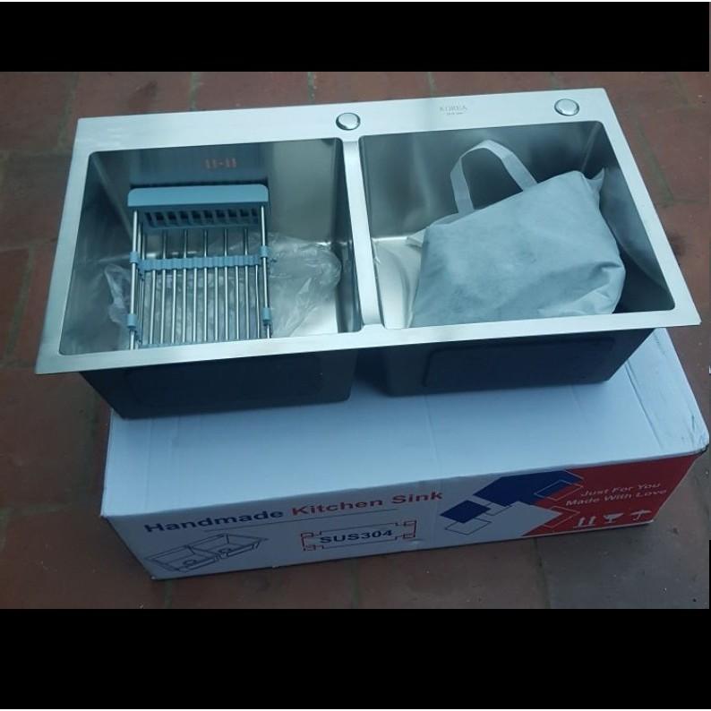 Chậu rửa bát đúc 2 hố dày dặn -Tặng rổ rút đa năng