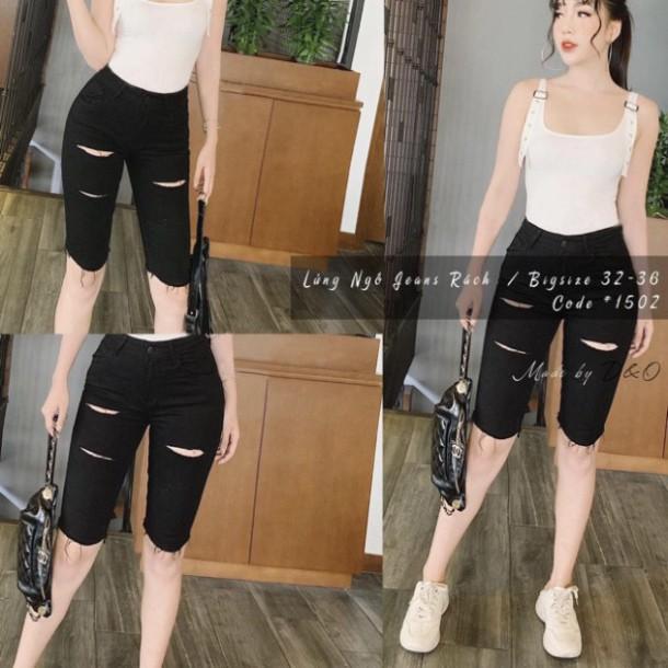 Quần Ngố Jean Bigsize, Trơn/Rách 1/Rách 2/Rách 3, Lưng Cao Trên Rốn, Co Giãn Mạnh
