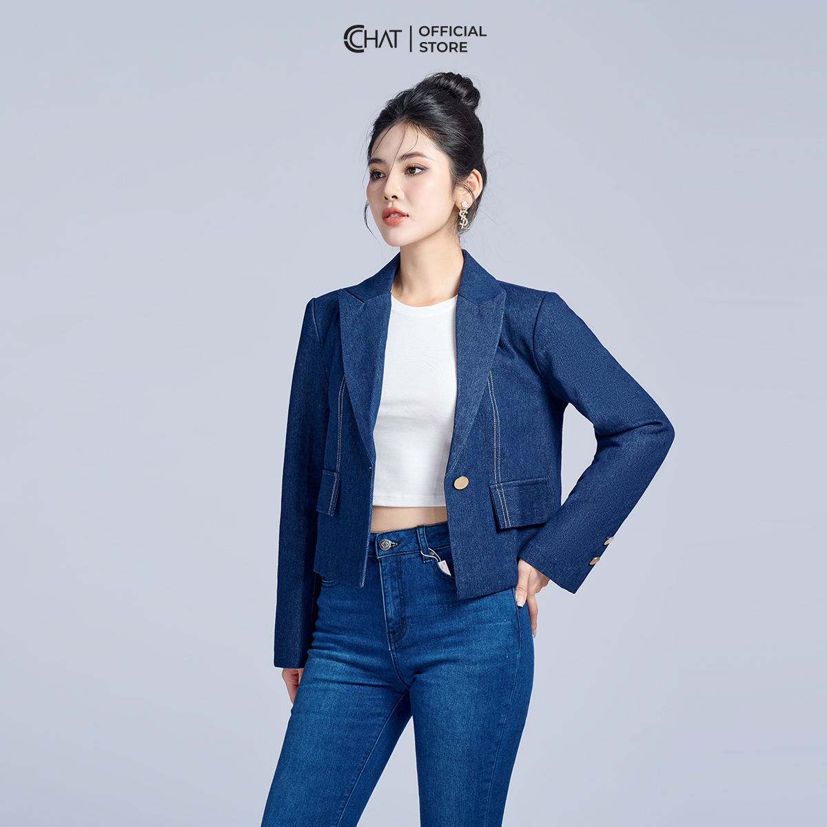 Áo Blazer Nữ CCHAT Diễu Chỉ Hai Nắp Túi Jeans Cao Cấp 22EHJ2012ST