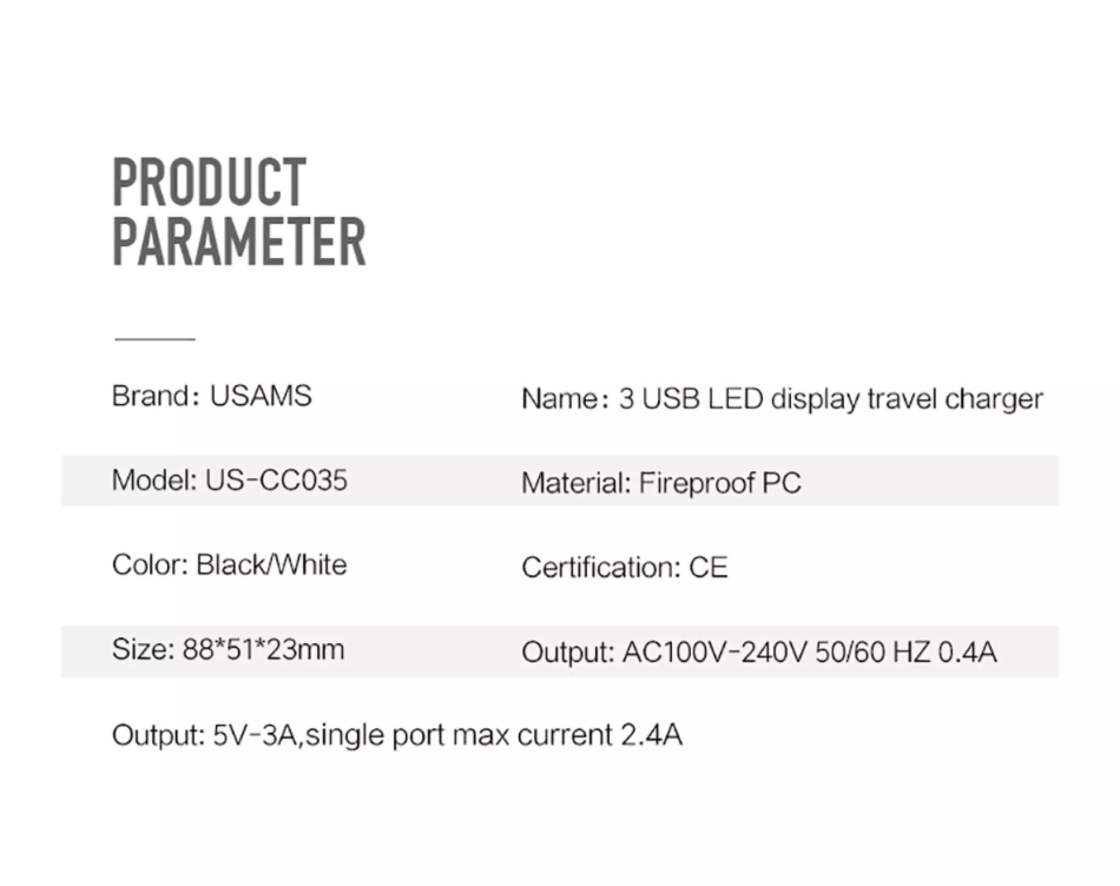 Adapter USAM US-CC035 củ sạc điện thoại 3 cổng USB 2.4A có đèn LED hiển thị dòng điện -3003- hàng nhập khẩu