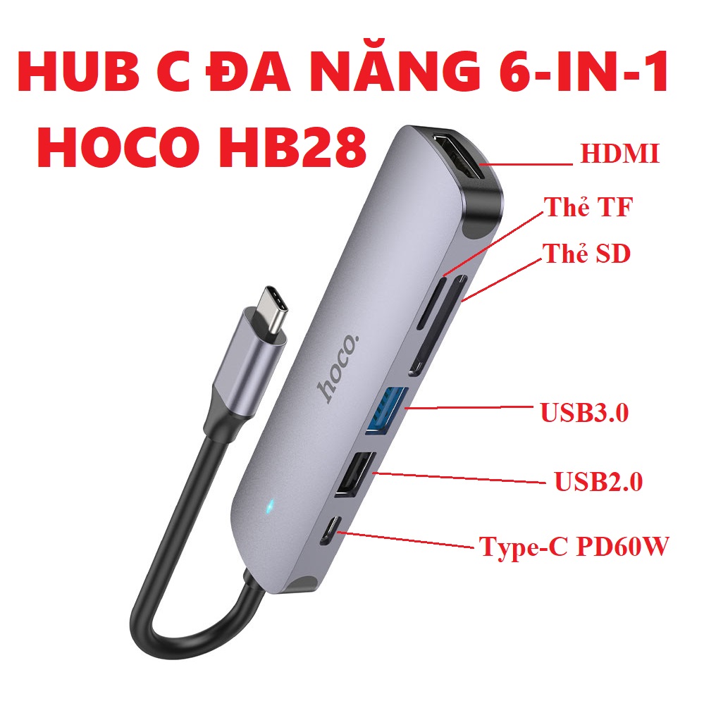 Hub C bộ chia cổng type C đa năng 6 in 1 cho laptop máy tính bảng điện thoại hoco HB28 _ hàng chính hãng