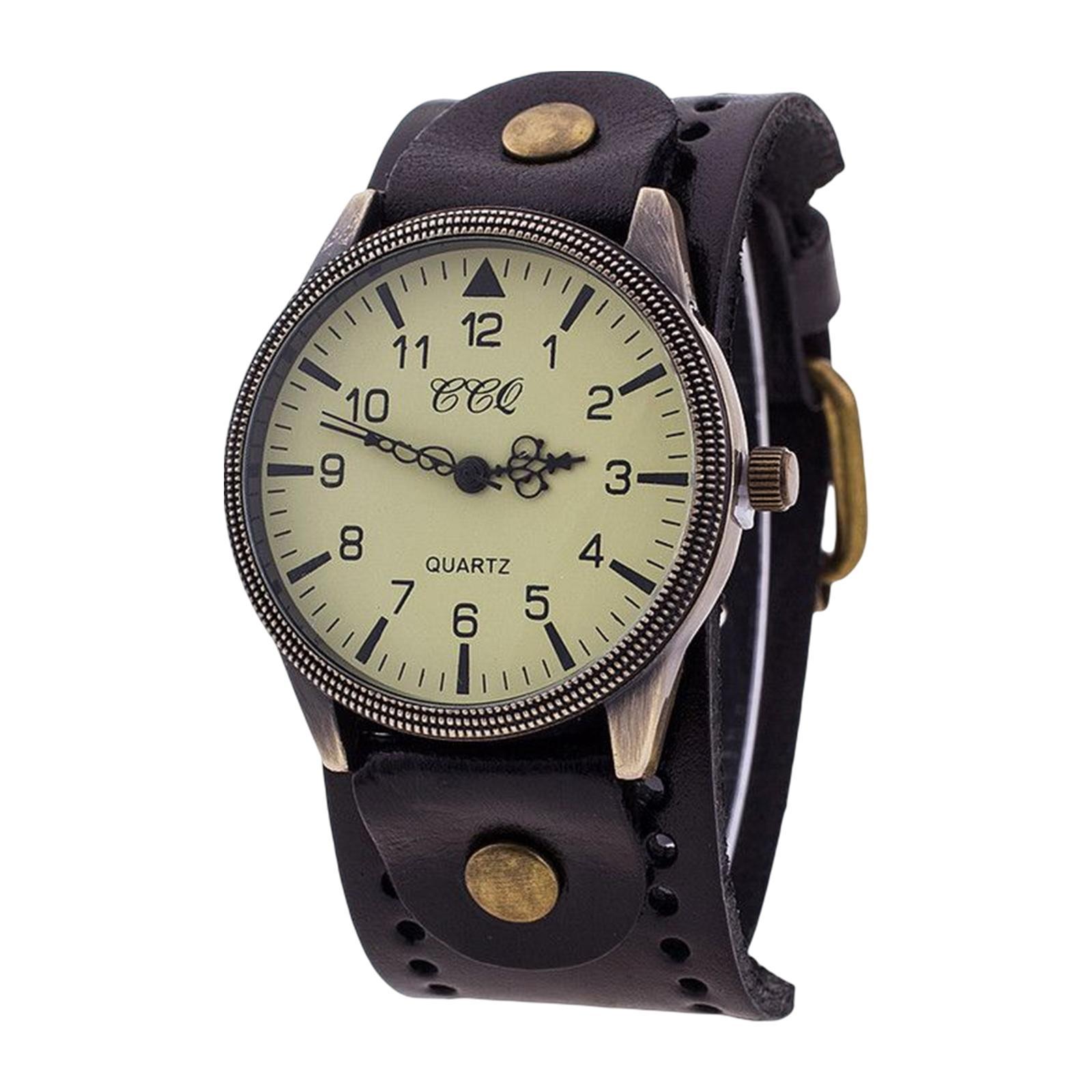 Vintage Bracelet Watch PU Leather Wide Leather Strap for Men Comfortable Black