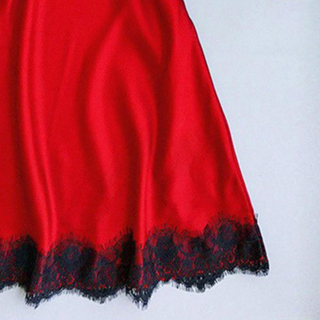 Sexy Women Lace Trim Satin Nightdress Lingerie Sleepwear Red Nightgown Set