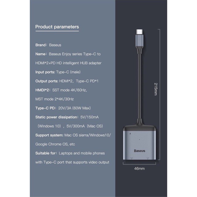 Hub chuyển Baseus Enjoy Series Type C to Dual HDMI 4K + Type C PD intelligent HUB adapter- Hàng chính hãng