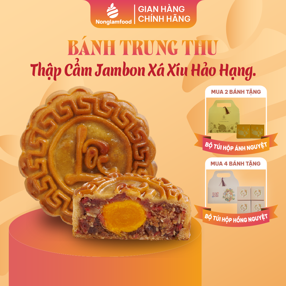 Bánh trung thu ăn kiêng, ít ngọt Thập Cẩm Jambon Xá Xíu Hảo Hạng (1 trứng muối) Nonglamfood 150g | Quà tặng cho đối tác, người thân