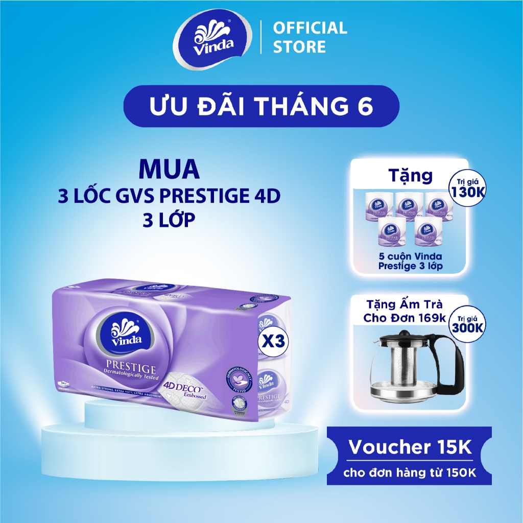 [MUA 3 LỐC GVS PRESTIGE 4D TẶNG 5 CUỘN] Giấy vệ sinh cao cấp Vinda Prestige 4D 3 lớp (8 Cuộn)