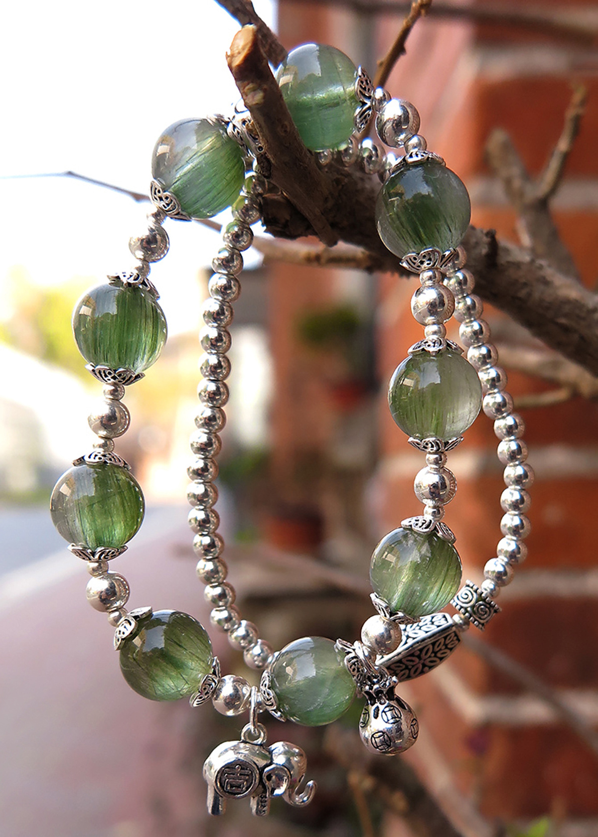 Vòng 2 line đá thạch anh tóc xanh phối charm voi mệnh hỏa, mộc - Ngọc Quý Gemstones