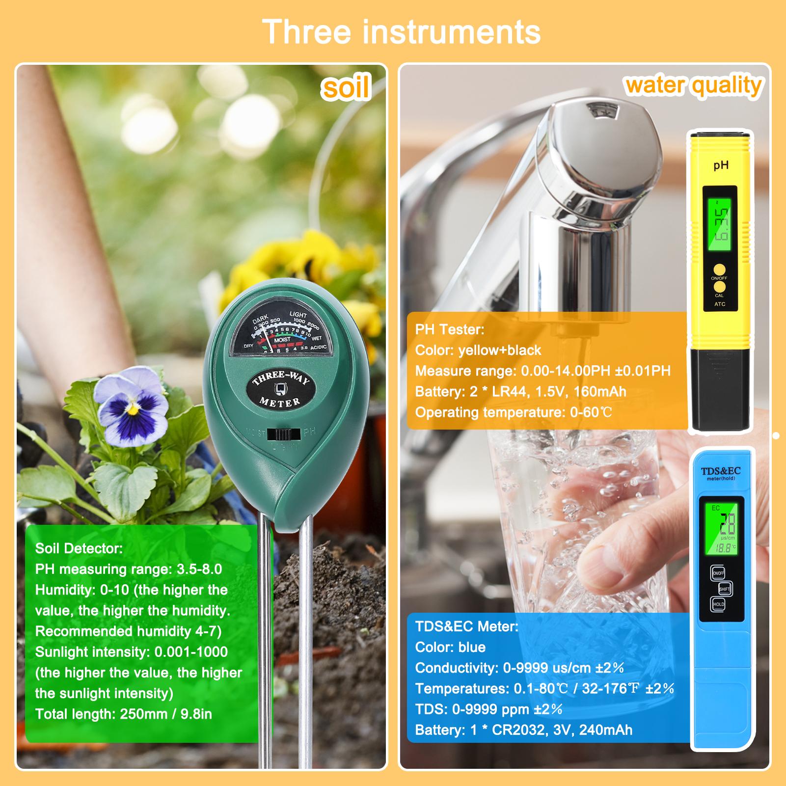 Professional PH Tester TDS/EC Test Pen Soil Moisture/PH/Sunlight Intensity Testers Garden Planting Soil Detector Multifunctional Soil and Water PH Test Tool Set Handheld Soil /Water Detect Device Kit