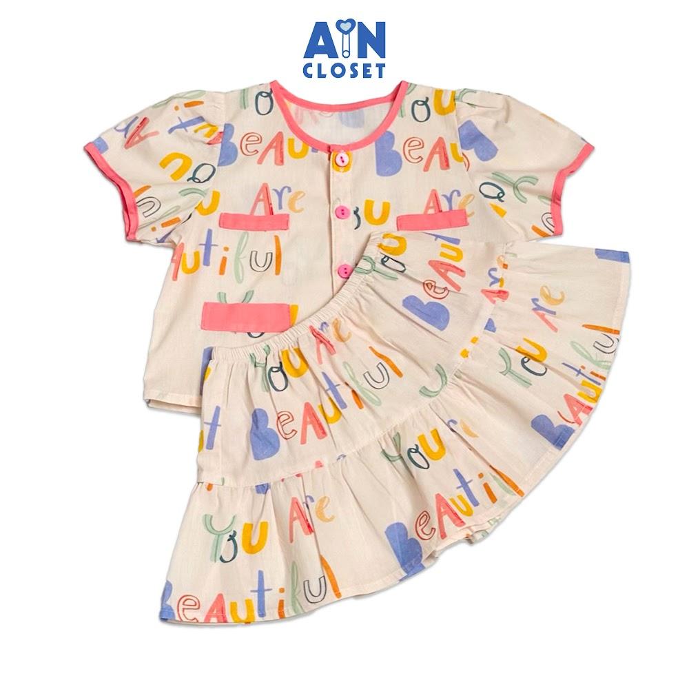 Bộ quần áo Ngắn bé gái hoạ tiết Chữ Hồng Cotton - AICDBGQZABVL - AIN Closet