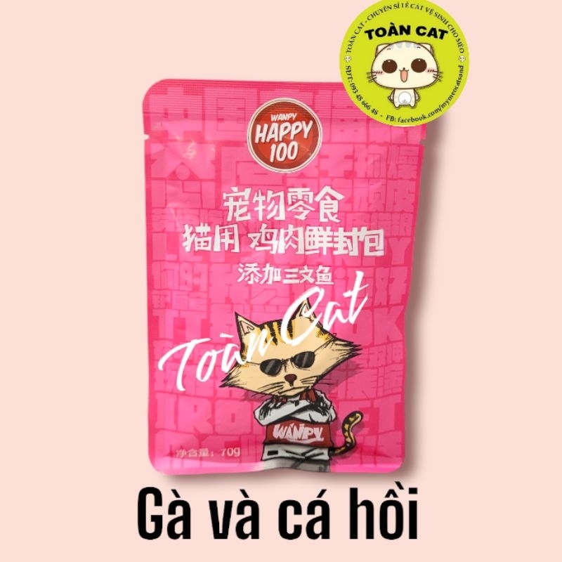 Pate Dinh Dưỡng Dành Cho Mèo Wanpy Happy 100, Bảo Vệ Hệ Miễn Dịch, Đủ 7 Vị Gói 70g