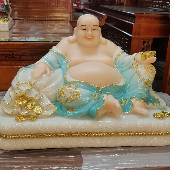 [Đồ Thờ Cúng] Tượng Phật Di Lặc Đài Loan màu xanh tay giữ túi vàng mặt cười tươi, vô ưu an nhiên tự tại